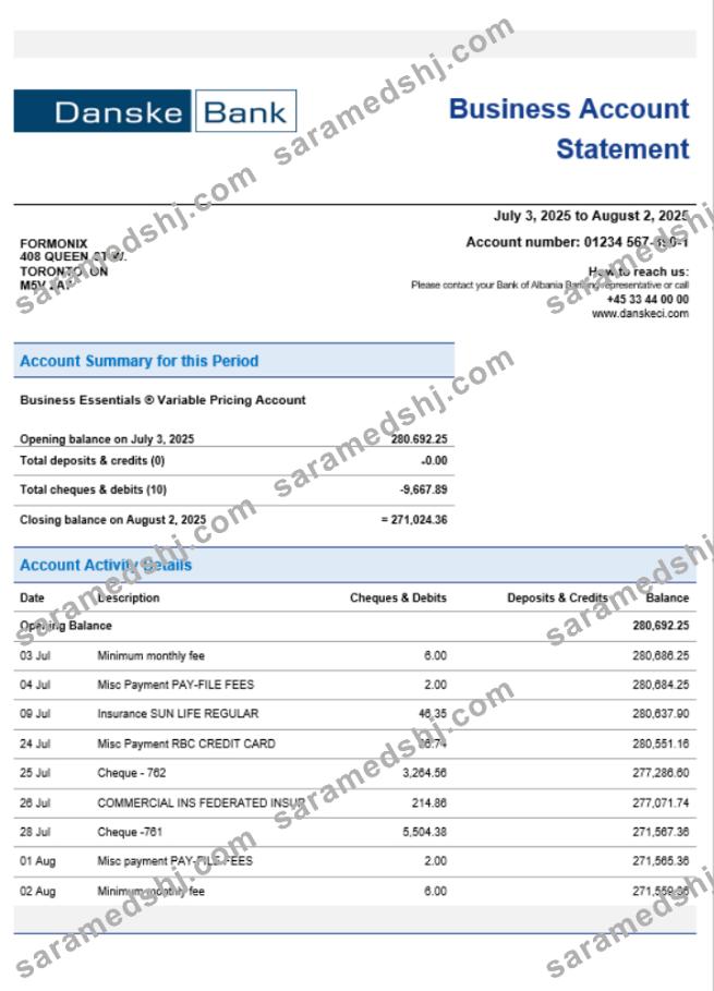 Danskebank business organization checking  statement Word and PDF format